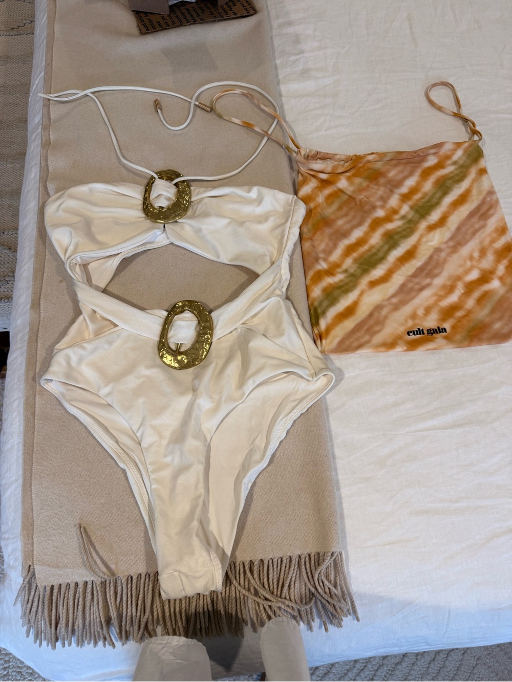 cult gaia White Cutout One-Piece Swimsuit with Gold Rings & Orange Tie-Dye Pouch